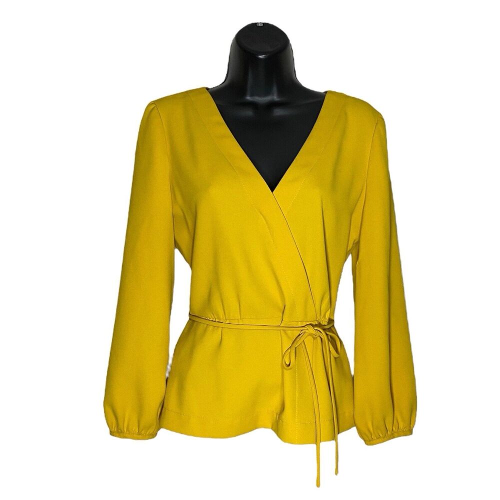 J Crew Faux Wrap Top Women 2 Yellow V-Neck Long Sleeve Shirt Draped Crepe Preppy